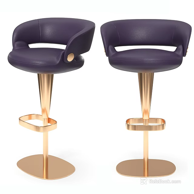 Stylish Purple Leather Bar Stools With Gold Metal Legs And Footrest 3d model 