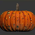 Vibrant Orange Pumpkin With Brown Stem And Yellow Black Spots On Reflective Black Background