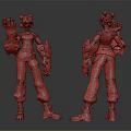 Two Short Haired Characters With Orange Black Mechanical Arms Ripped Pants Sneakers On Gray Background