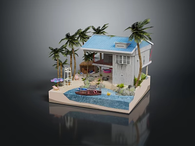 Cartoon Scene Featuring Blue Roofed Cottage Palm Trees Small Boat And Sand On Beach 3d model
