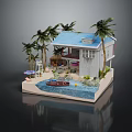 Cartoon Scene Featuring Blue Roofed Cottage Palm Trees Small Boat And Sand On Beach