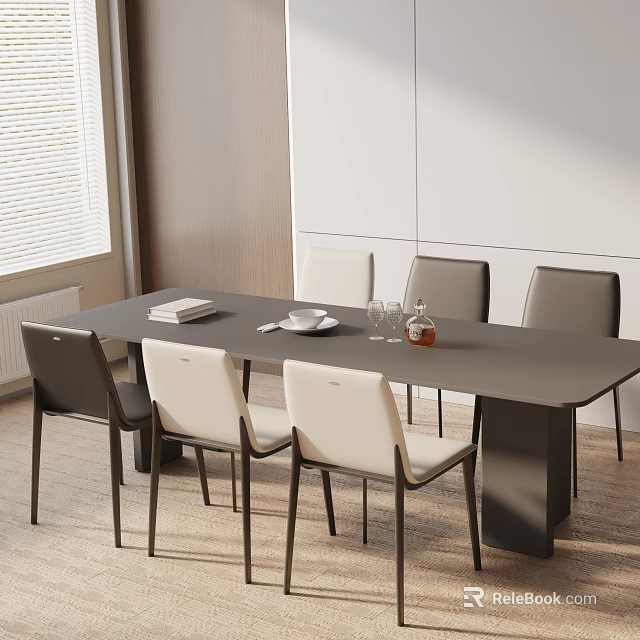 Modern Dining Table Set With Gray Tabletop And Beige Dark Gray Chairs 3d model 