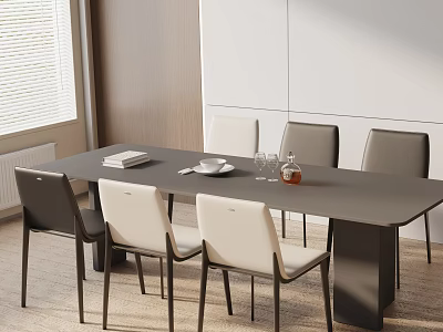 Modern Dining Table Set With Gray Tabletop And Beige Dark Gray Chairs 3d model