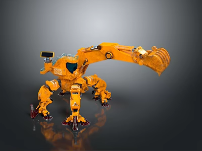 Orange Multi Legged Functional Vehicle For Engineering With Excavation Mechanical Structure 3d model
