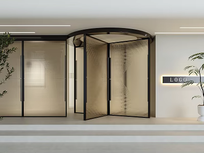 Modern Arched Glass Door Entrance With Potted Plants And LOGO Wall Decoration 3d model