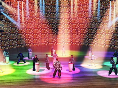 Group of People Performing on Stage with Colorful Lights and Decorative Background 3d model