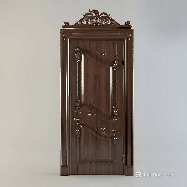 Classic Wooden Swing Door With Ornate Carved Design Brown Finish And Metal Accents 3d model 