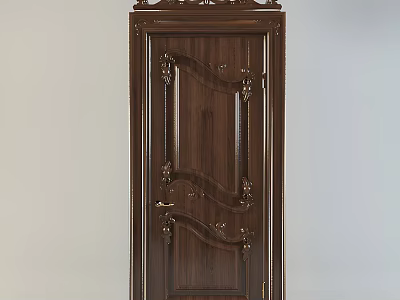 Classic Wooden Swing Door With Ornate Carved Design Brown Finish And Metal Accents 3d model