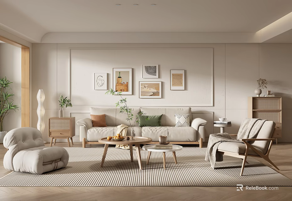 Modern Living Room Interior With Sofa Coffee Table Armchair And Wall Art Decor 3d model 