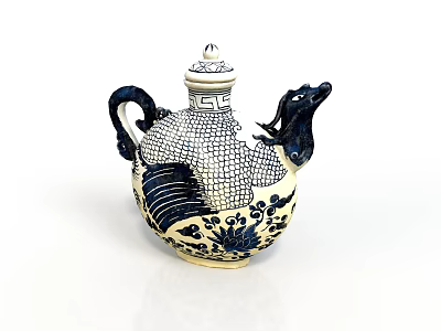 Dragon Sculpture Carving Featuring Blue And White Pattern Dragon Head Spout Decorative Design And Lid 3d model