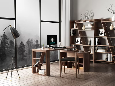 Modern Wooden Desk In Home Office With Computer Bookshelf Floor Lamp And Trees Outside Window 3d model