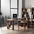 Modern Wooden Desk In Home Office With Computer Bookshelf Floor Lamp And Trees Outside Window