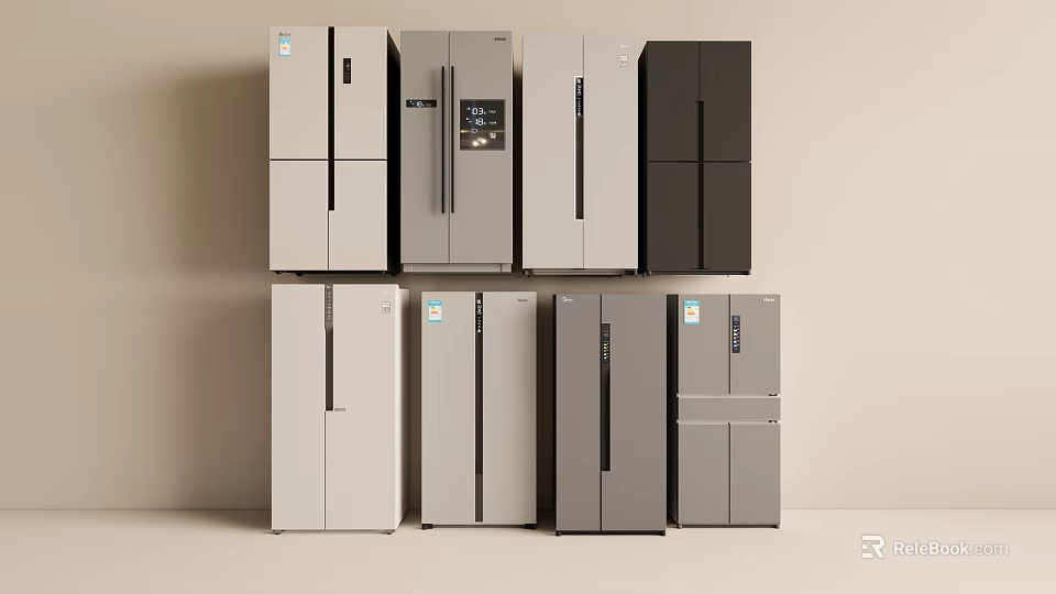 Multiple Modern Refrigerators And Freezers With Different Colors And Various Door Designs 3d model 