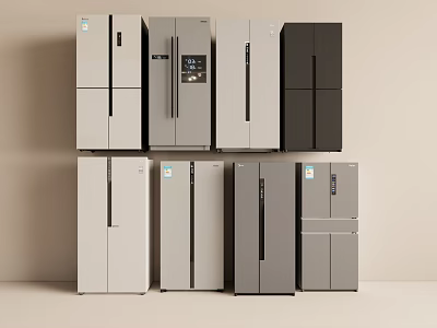 Multiple Modern Refrigerators And Freezers With Different Colors And Various Door Designs 3d model
