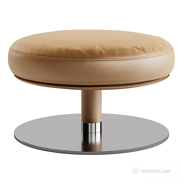 Light Brown Round Leather Sofa Stool With Modern Metal Base Design 3d model