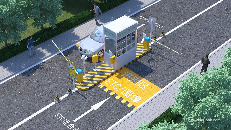 Functional Building Exterior Wall With Vehicle Recognition System Barrier Gate Car And Pedestrians 3d model 