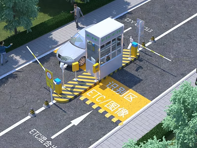 Functional Building Exterior Wall With Vehicle Recognition System Barrier Gate Car And Pedestrians 3d model