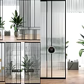 Modern Glass Room Divider With Vertical Stripes Black Frame Round Handles And Plants In Interior