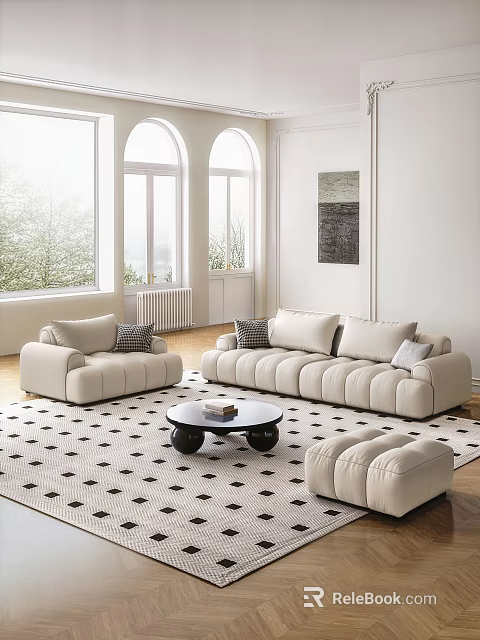 Cream Three-Seater Sofa Interior With Round Coffee Table Black White Diamond Rug And Natural Light 3d model 