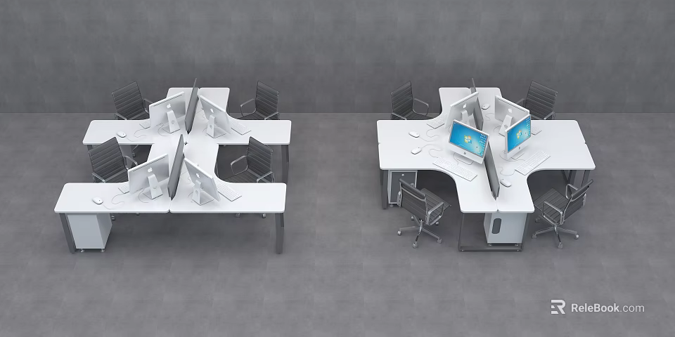 Modern Office Desks In Open Workspace With Computers And Ergonomic Chairs 3d model