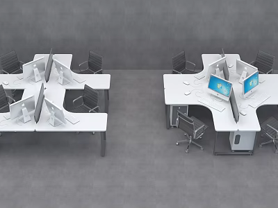 Modern Office Desks In Open Workspace With Computers And Ergonomic Chairs 3d model
