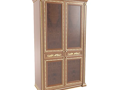 Ornate Wooden Wardrobe With Gold Trim Double Doors And Storage Drawers 3d model