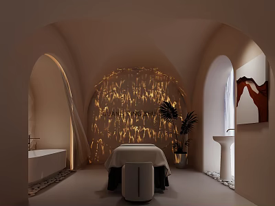 Spa Sauna Relaxation Room With Massage Table Illuminated Wall And Bathtub 3d model