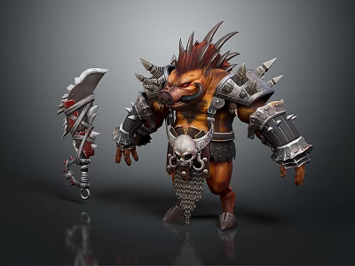 Boar Warrior Character With Spiked Armor Giant Weapon And Skull Decoration 3d model