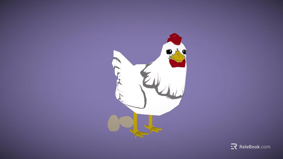 Fresh Gray Eggs Beside White Chicken With Red Comb And Yellow Feet On Purple Background 3d model 
