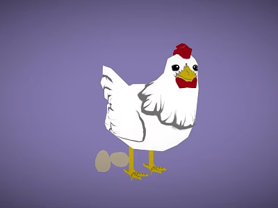 Fresh Gray Eggs Beside White Chicken With Red Comb And Yellow Feet On Purple Background 3d model