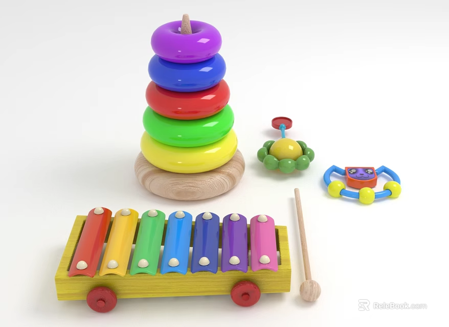 Kids Wooden Educational Toys With Colorful Stacking Rings Xylophone Turtle And Rattle 3d model 