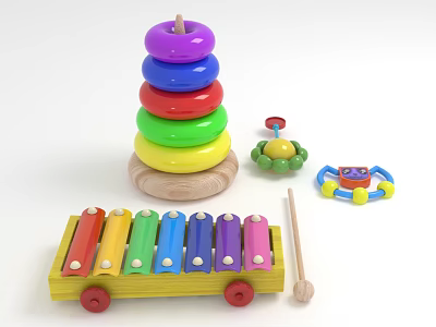Kids Wooden Educational Toys With Colorful Stacking Rings Xylophone Turtle And Rattle 3d model