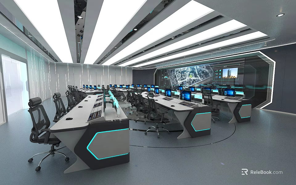 Modern Tech Control Room Interior With Multiple Functional Desks Computers And Ergonomic Chairs 3d model 