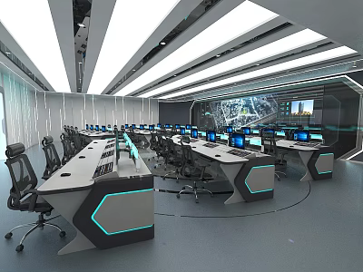 Modern Tech Control Room Interior With Multiple Functional Desks Computers And Ergonomic Chairs 3d model
