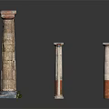 Classical Architectural Columns Featuring Main And Smaller Carved Patterned With Red Tops And Stone Bases