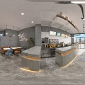 Milk Tea Shop Interior With White Tile Walls Blue Chairs Counter And Display Case