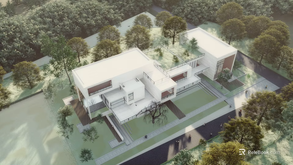 Modern Sales Office Building with Open Terrace and Glass Facade Surrounded by Trees and Lawn 3d model 