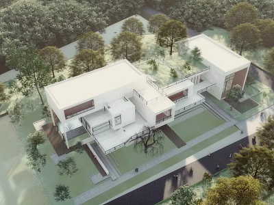 Modern Sales Office Building with Open Terrace and Glass Facade Surrounded by Trees and Lawn 3d model