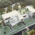 Modern Sales Office Building with Open Terrace and Glass Facade Surrounded by Trees and Lawn