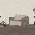 Woven Design Leisure Chair with Wooden Frame Beige Cushion and Green Plant Near Side Cart