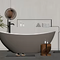 Stylish Freestanding Bathtub Interior With Niche Bath Products Towels Wooden Stool And Green Plant