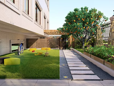 Courtyard Garden With Green Lawn Stone Path Orange Tree Yellow Seats Wooden Fence And Plants 3d model