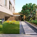 Courtyard Garden With Green Lawn Stone Path Orange Tree Yellow Seats Wooden Fence And Plants