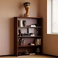 Brown Wooden Shelf in Room Corner with Books Vases Statue Radio and Window Blinds