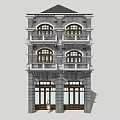 Vintage Style Commercial Complex With Gray Brick Arched Windows And Balconies 3d model