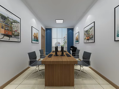 Office Meeting Room With Wooden Table Black Chairs Framed Pictures Blue Curtains And Window 3d model