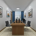 Office Meeting Room With Wooden Table Black Chairs Framed Pictures Blue Curtains And Window
