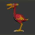 3D Cartoon Bird With Red Yellow Feathers Large Orange Beak And Yellow Sharp Claws