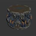 Industrial Style Round Stool with Distressed Gray Top and Blue Orange Metal Pipe Base