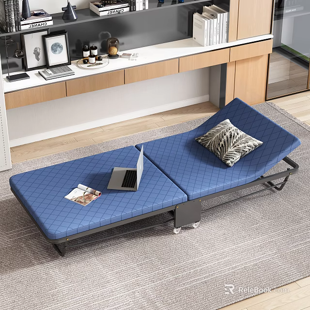 Blue Foldable Bed With Laptop And Magazine In Modern Room With Wooden Cabinet And Carpet 3d model 
